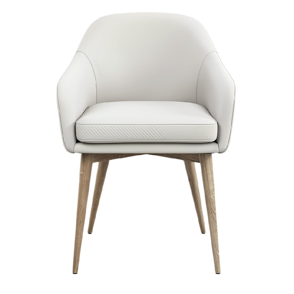 Titel in het Nederlands: **Moderne witte fauteuil met houten poten**