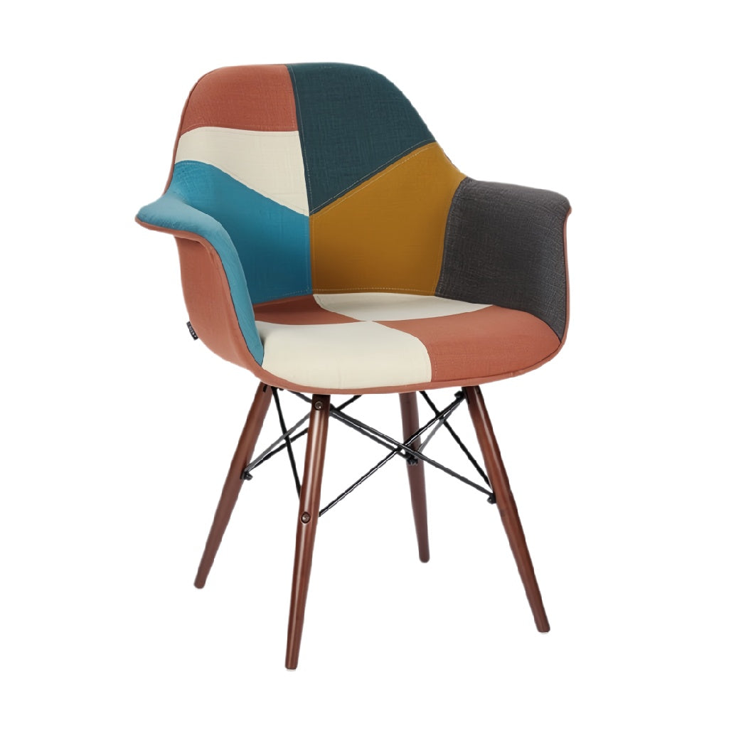 **Moderne en kleurrijke armstoel met houten poten**